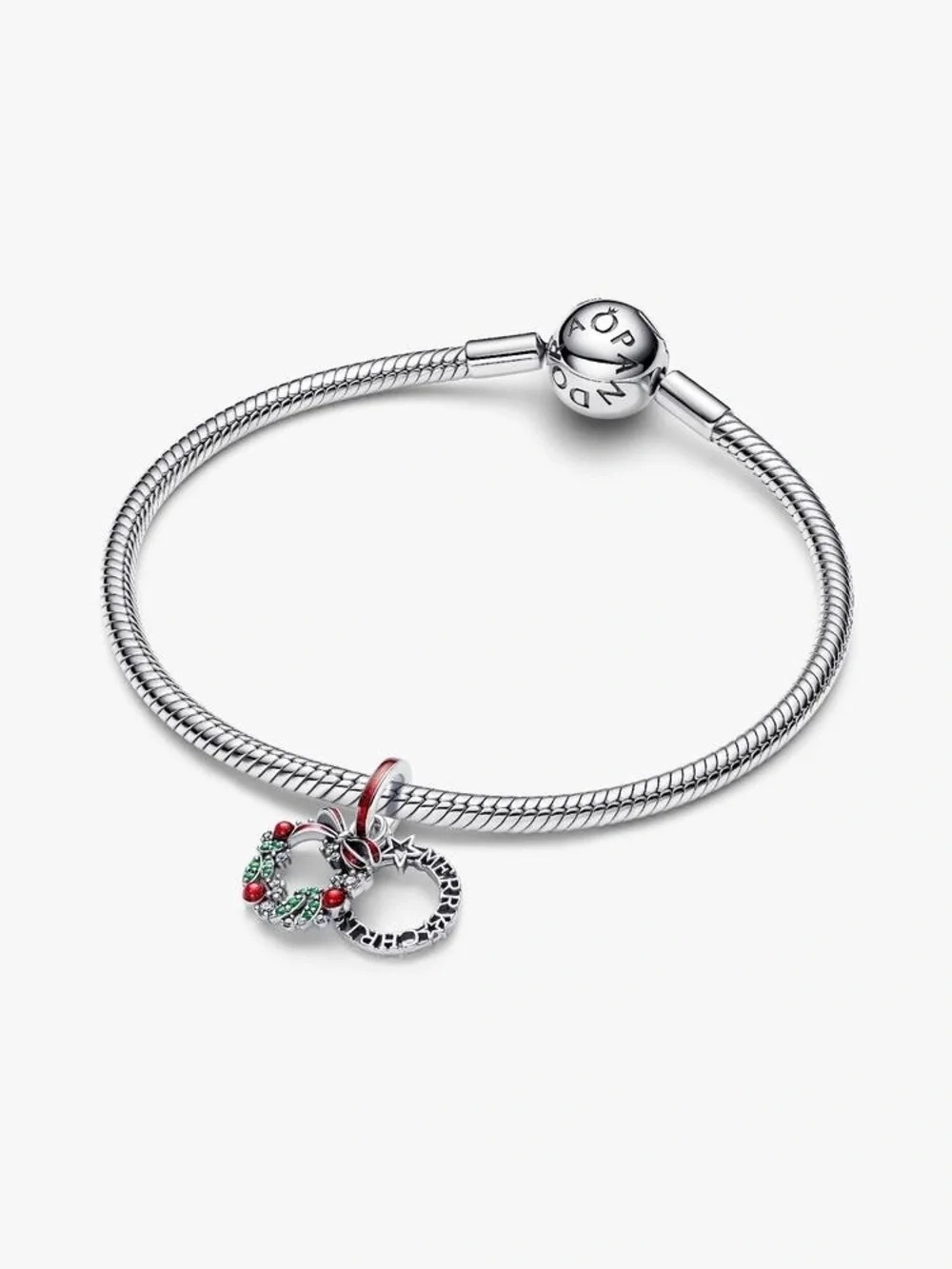 Pandora Silver Bracelet with Red and Green Holiday Wreath Charm